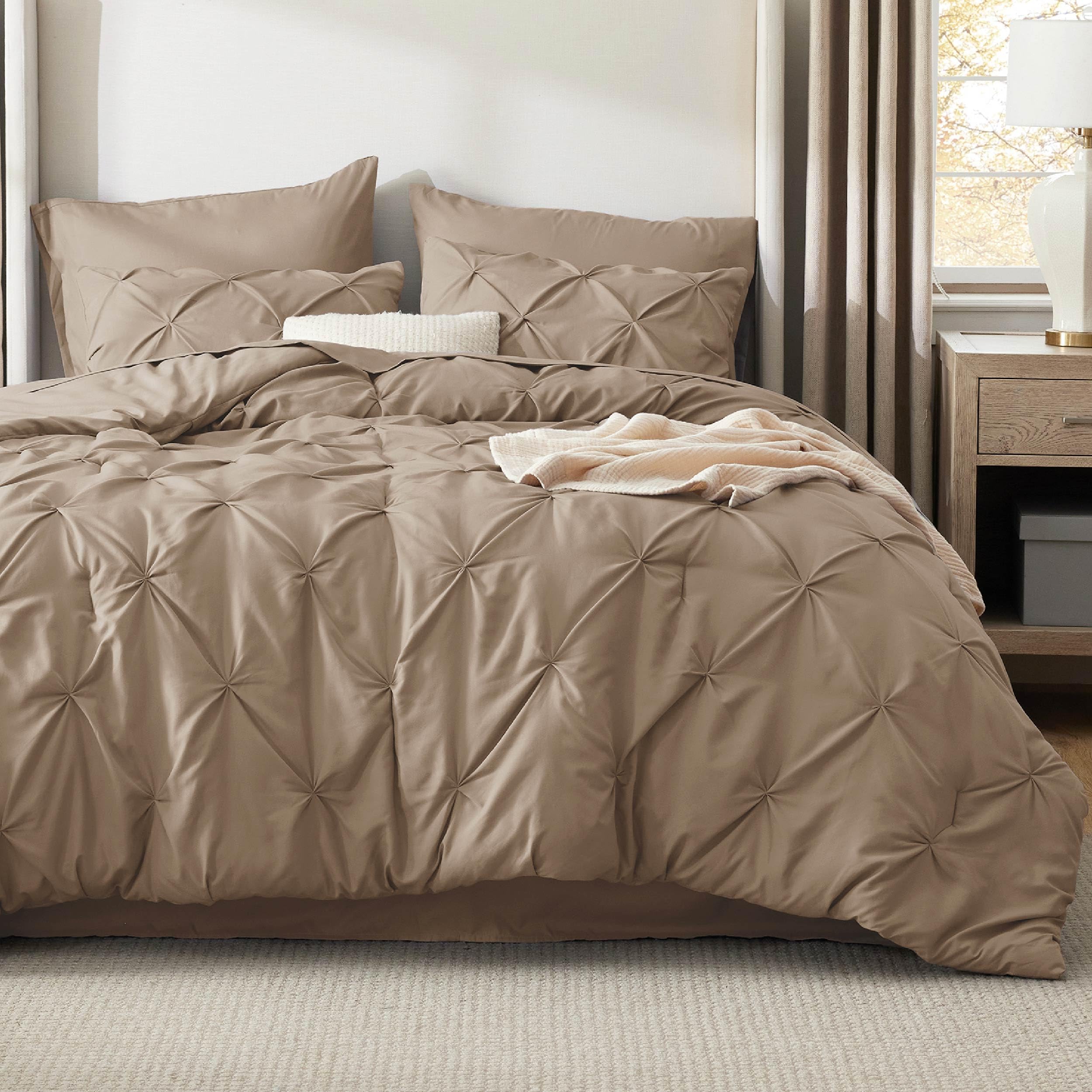 Bedsure front view of king comforter set showing elegant khaki color and design for instant room upgrade