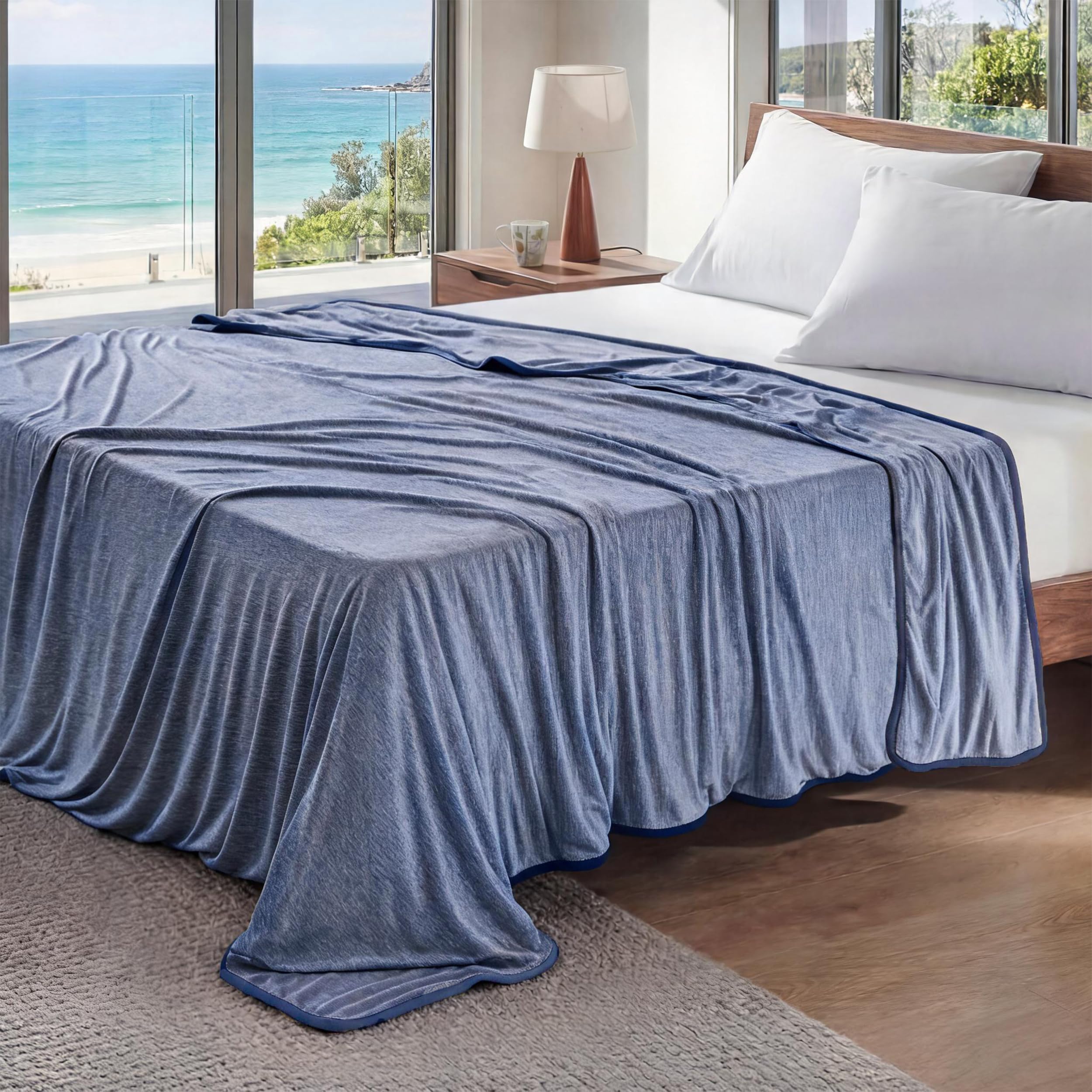Bedsure cooling blanket front view showing navy color and full coverage benefit