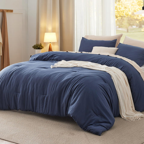 Bedsure front packaging showing navy comforter set and included pillow shams for easy purchase