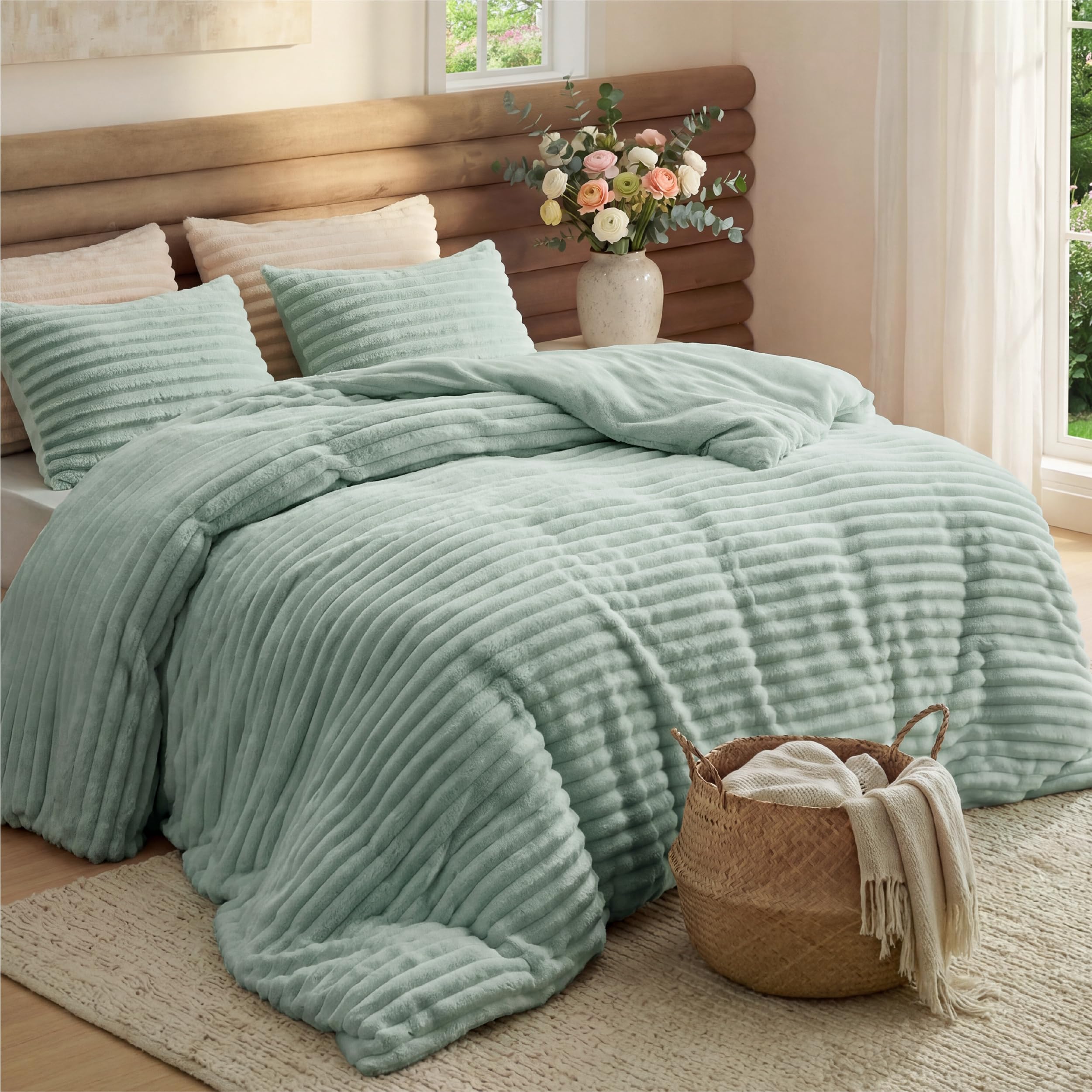 Bedsure king front view showing full sage green comforter and neat styling for cozy appeal