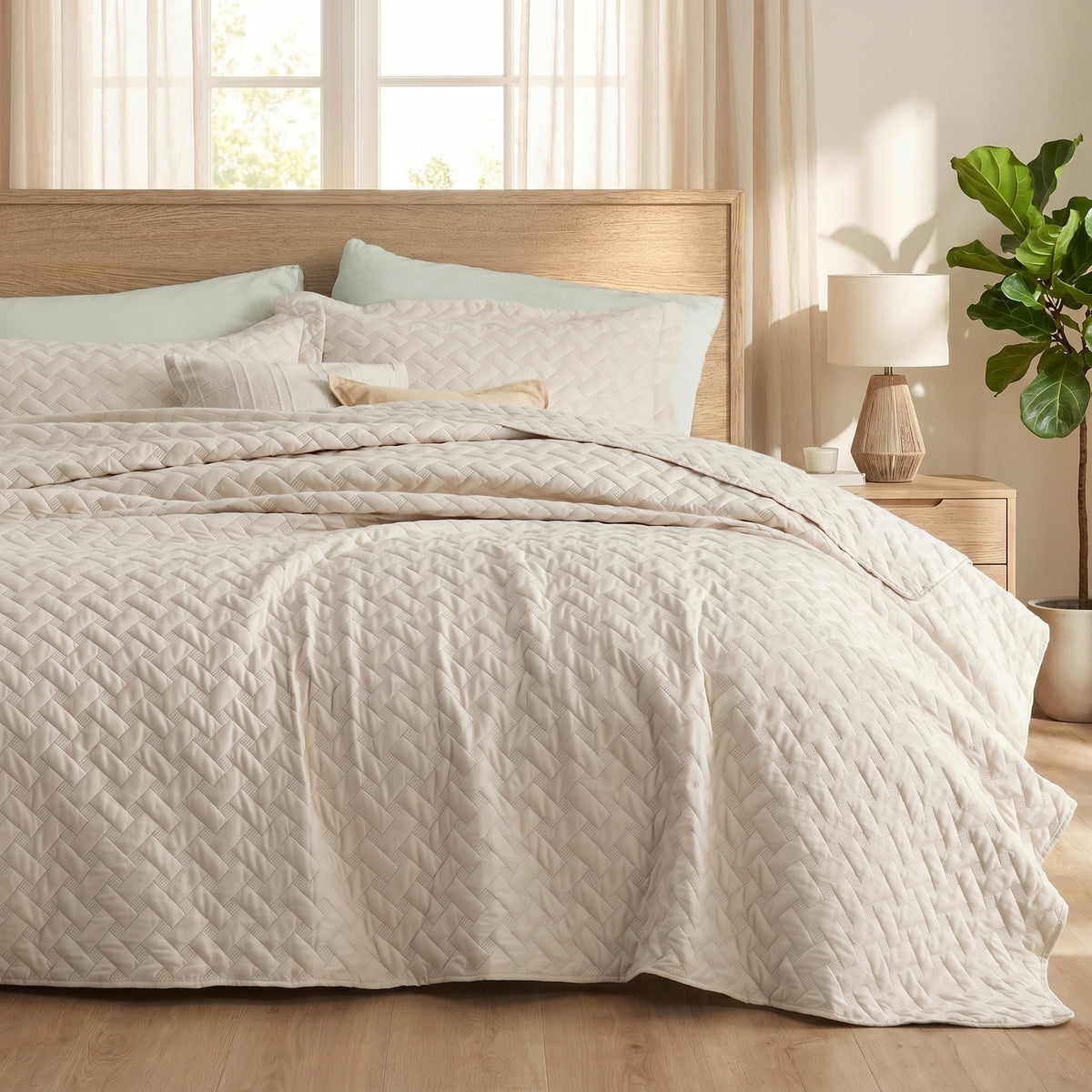 Bedsure king quilt full bedshot showing beige elegance and neat drape