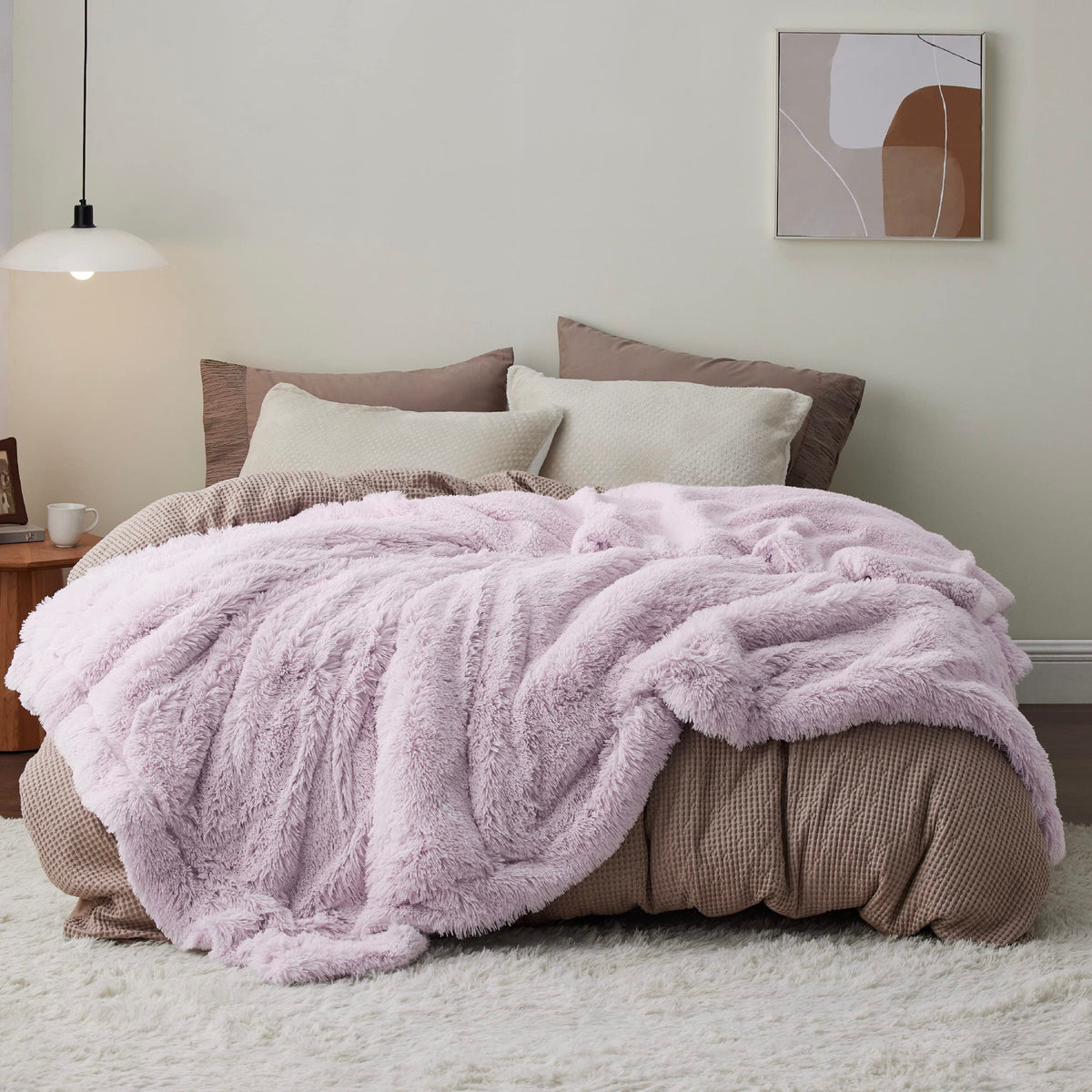 Bedsure lavender blanket front view showing plush fur and elegant styling