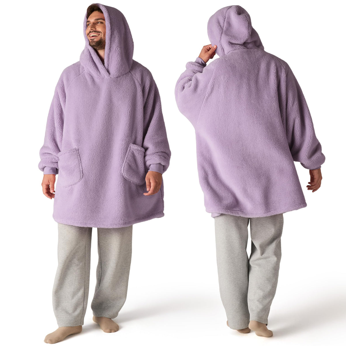 Bedsure lavender front view showing oversized wearable blanket hoodie warmth