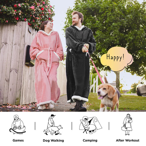 Bedsure seated model demonstrating long length for full-body warmth and relaxed fit