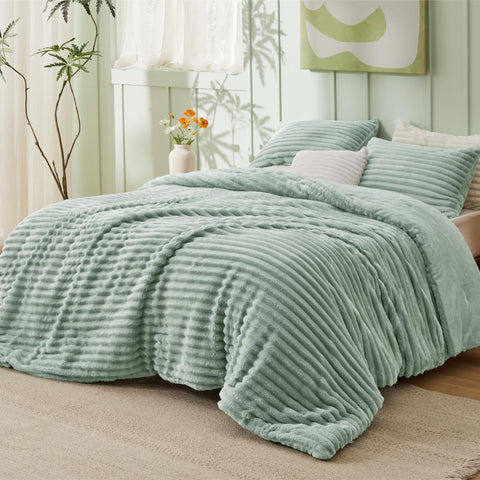 Bedsure lifestyle bedroom setting in sage green showing calming decor and warmth