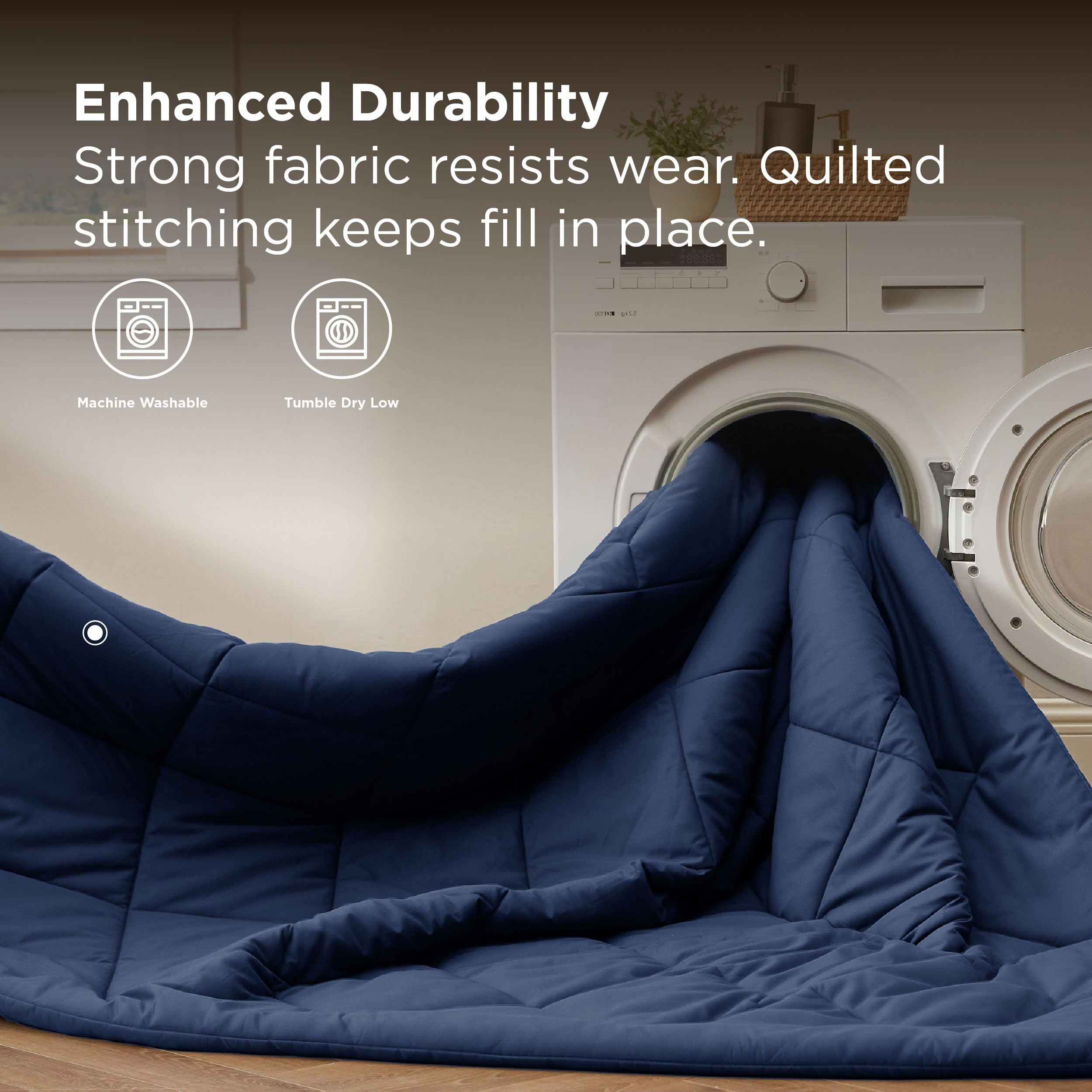 Bedsure lifestyle bedroom scene showing polished navy bedding for modern decor