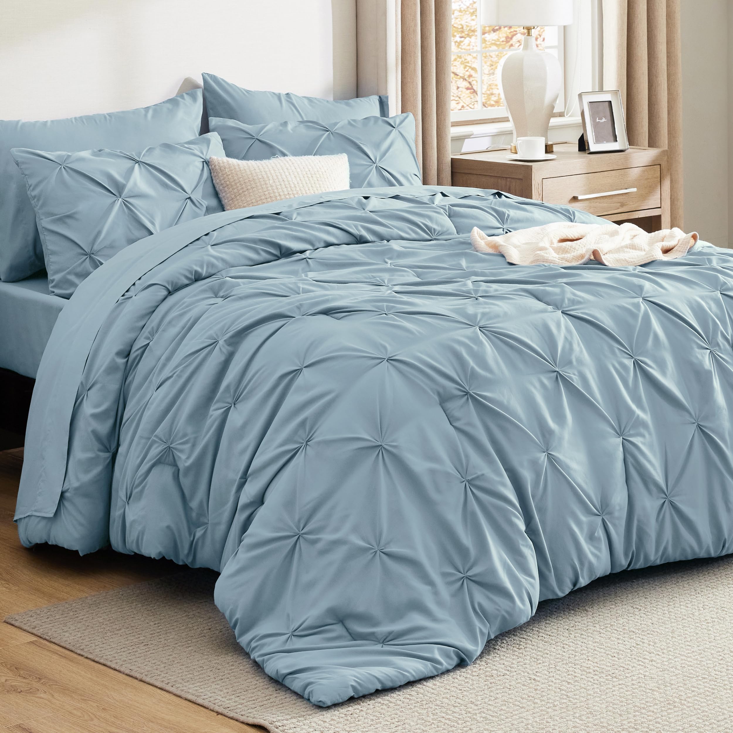 Bedsure light blue front view showing full bed set and neat styling for easy decor