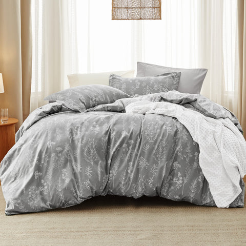 Bedsure front view of light grey floral comforter showing design and style benefit