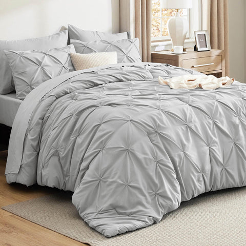 Bedsure front view of boxed king bedding set showing modern light grey design and convenience