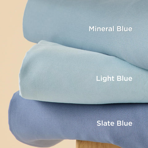 Bedsure styled bed in bedroom highlighting mineral blue calming aesthetic