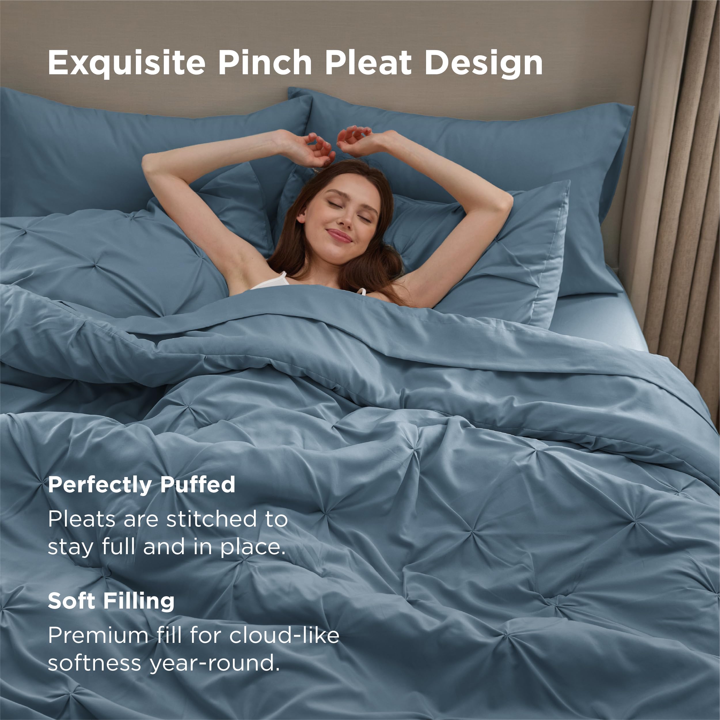 Bedsure mineral blue comforter on a king bed illustrating cozy coverage and visual appeal benefit