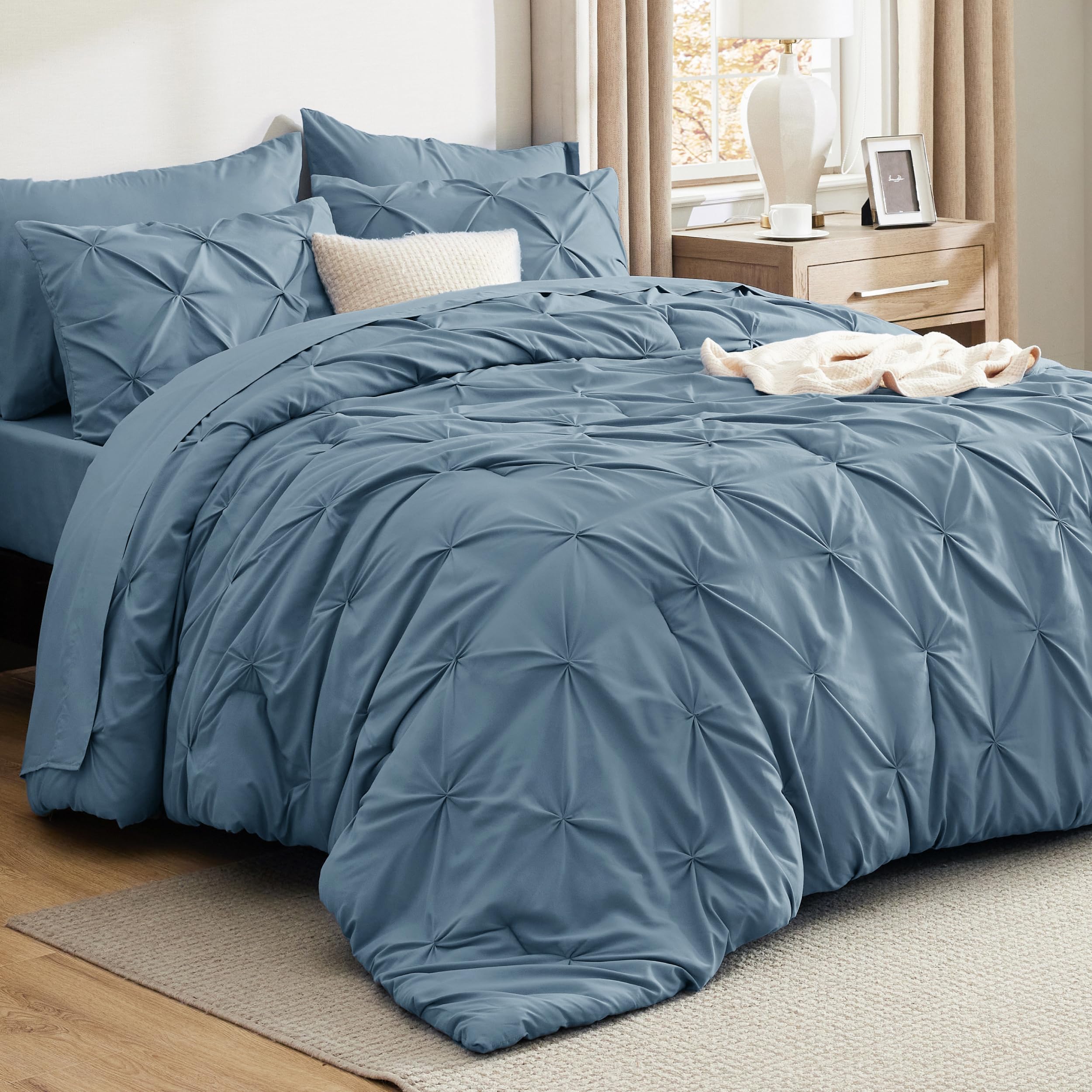 Bedsure mineral blue front packaging shows complete 7-piece set benefit of ready-made bedding