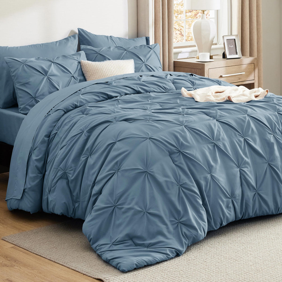 Bedsure mineral blue front packaging shows complete 7-piece set benefit of ready-made bedding