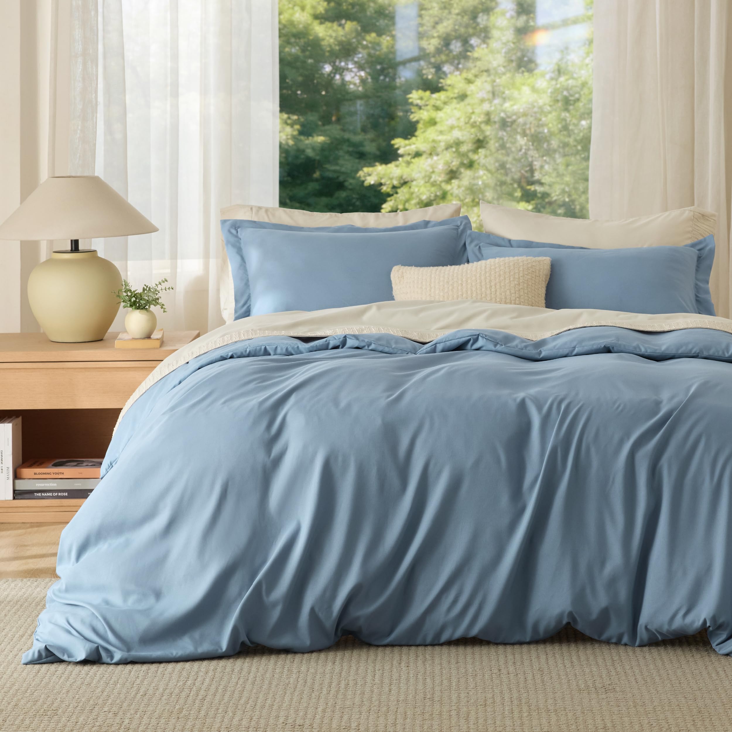 Bedsure mineral blue duvet cover front view showing tidy fit and calm color