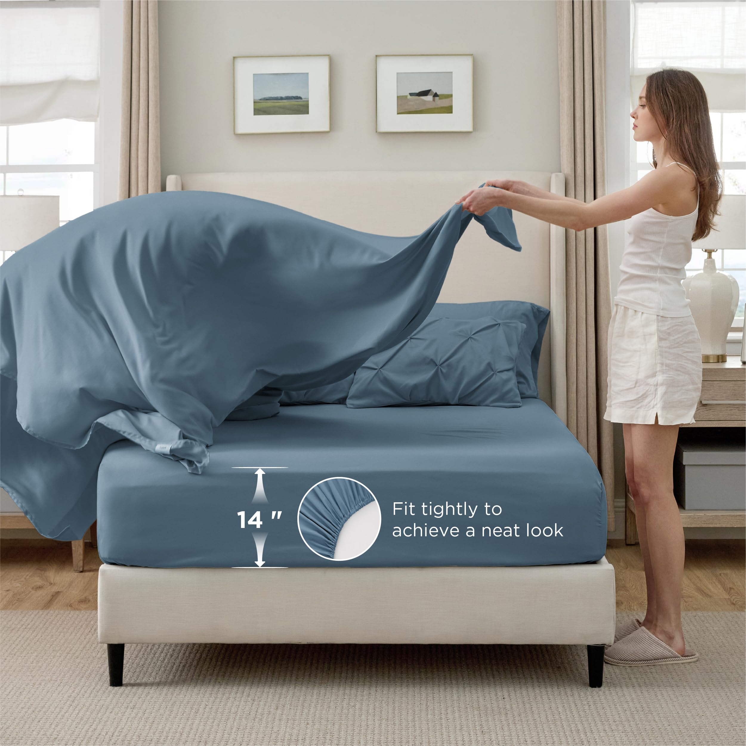 Bedsure mineral blue decorative pillows and shams staged to show coordinated styling benefit