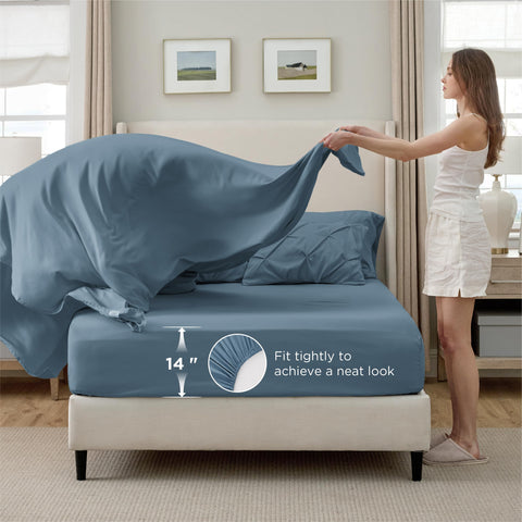 Bedsure mineral blue decorative pillows and shams staged to show coordinated styling benefit