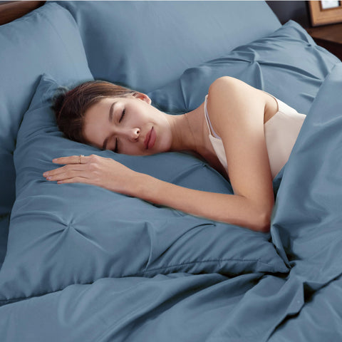 Bedsure mineral blue fabric close-up revealing brushed microfiber texture and soft feel benefit