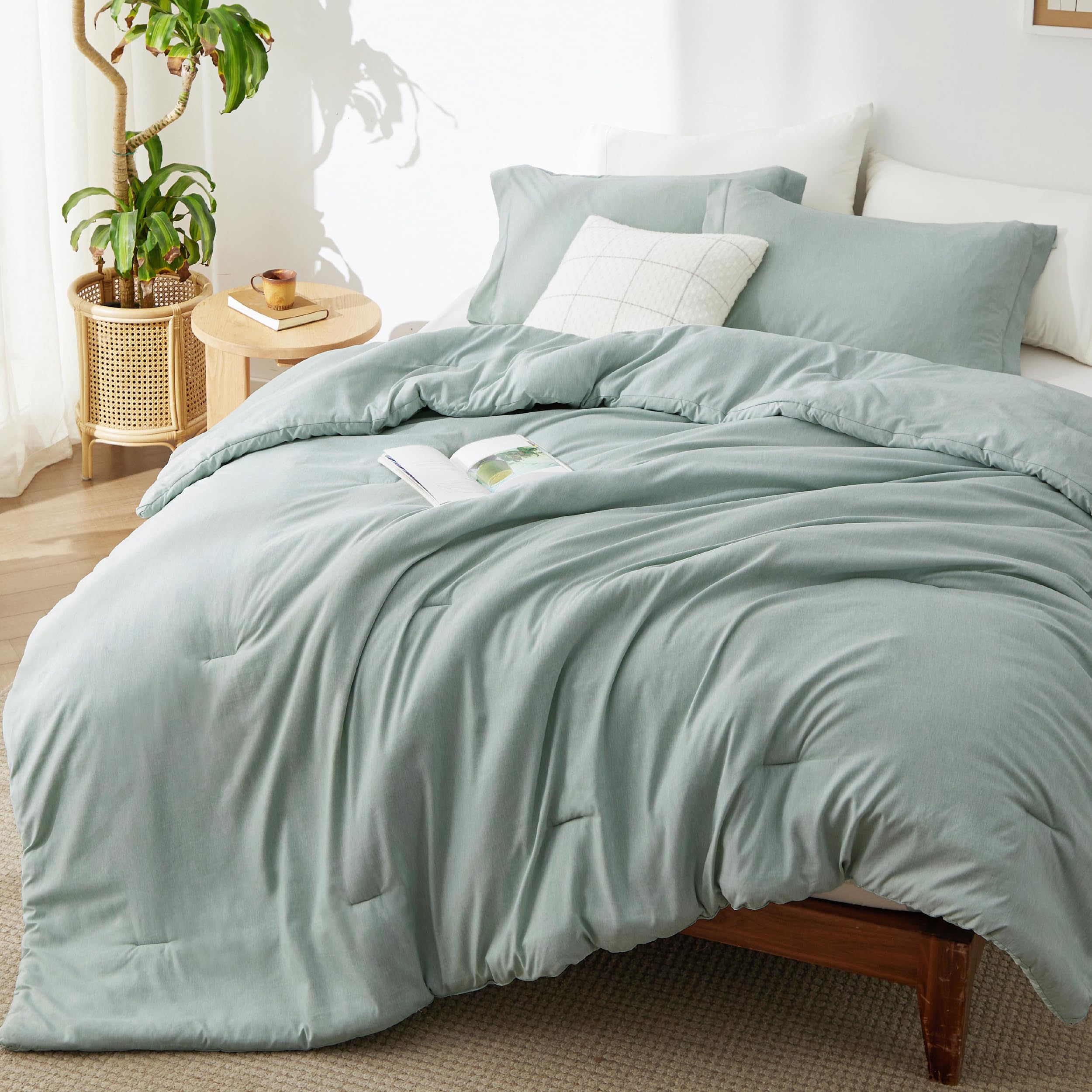 Bedsure mint green comforter front view showing full bed coverage benefit