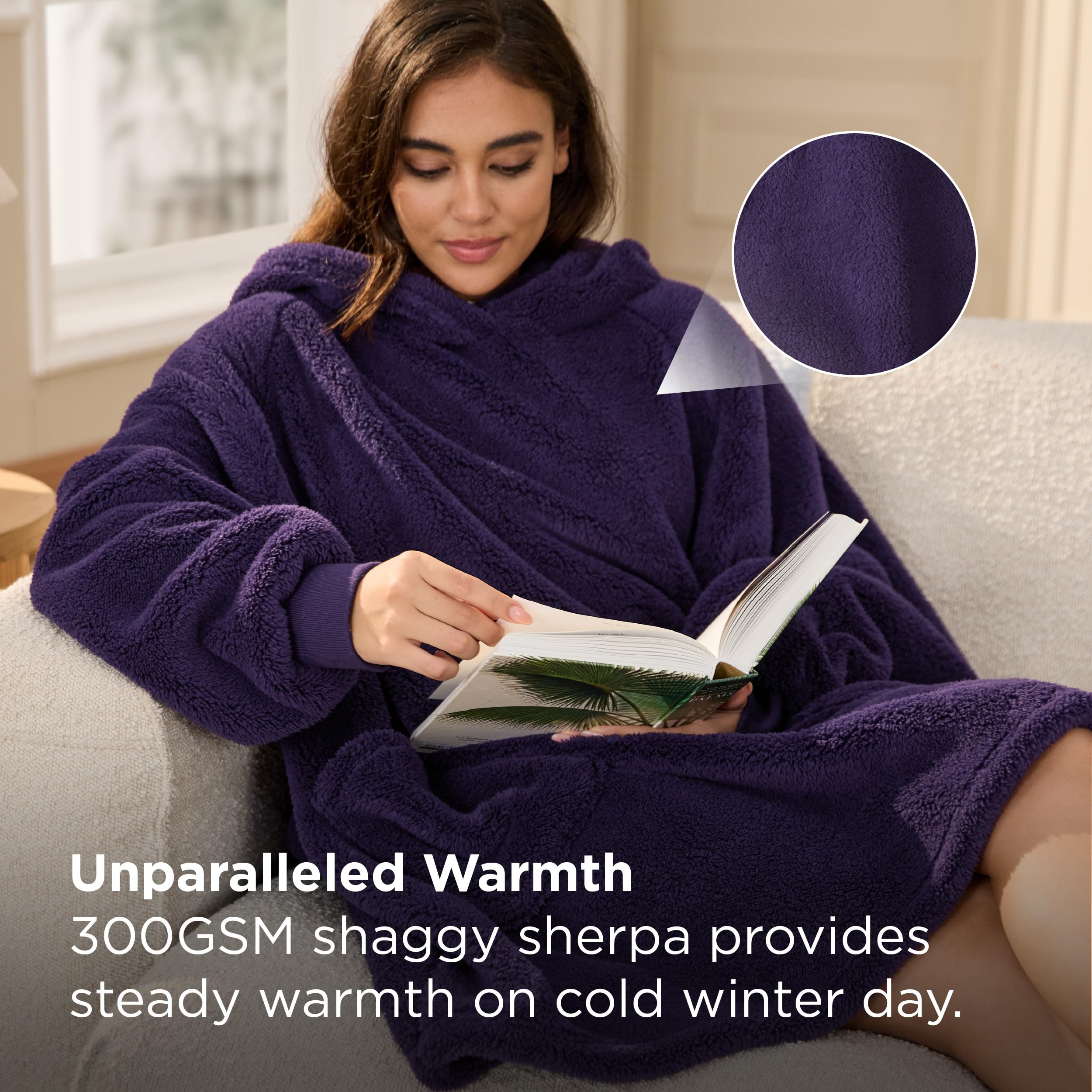 Bedsure model wearing hoodie while lounging, demonstrating mobility