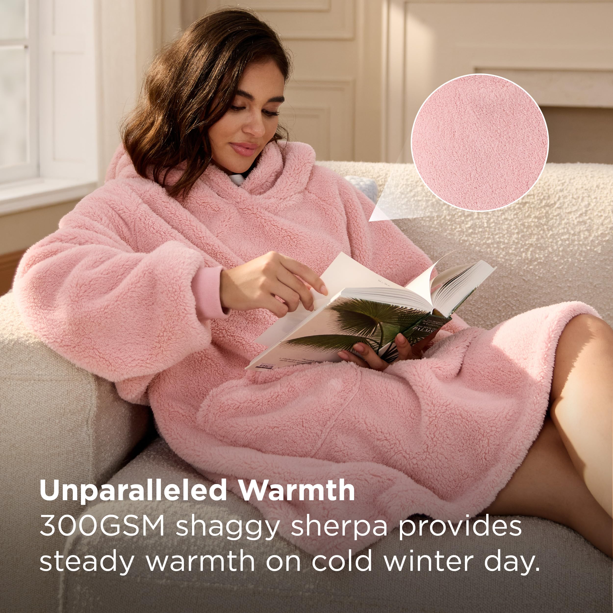 Bedsure model wearing hoodie lounging on couch shows relaxed mobility