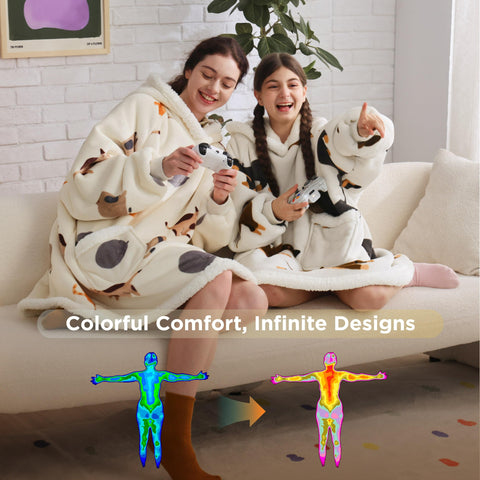 Bedsure model wearing hoodie in living room showing relaxed, wearable comfort