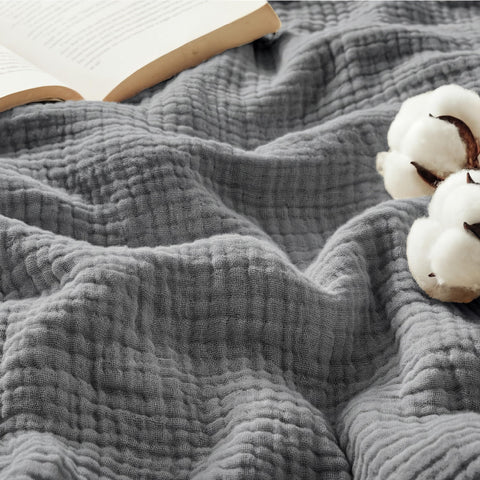 Bedsure cotton muslin blanket front view shows soft grey throw and cozy benefit