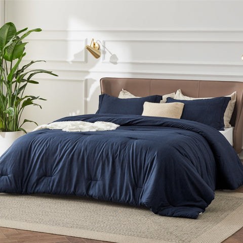 Bedsure navy comforter on styled bedroom showing versatile decor appeal