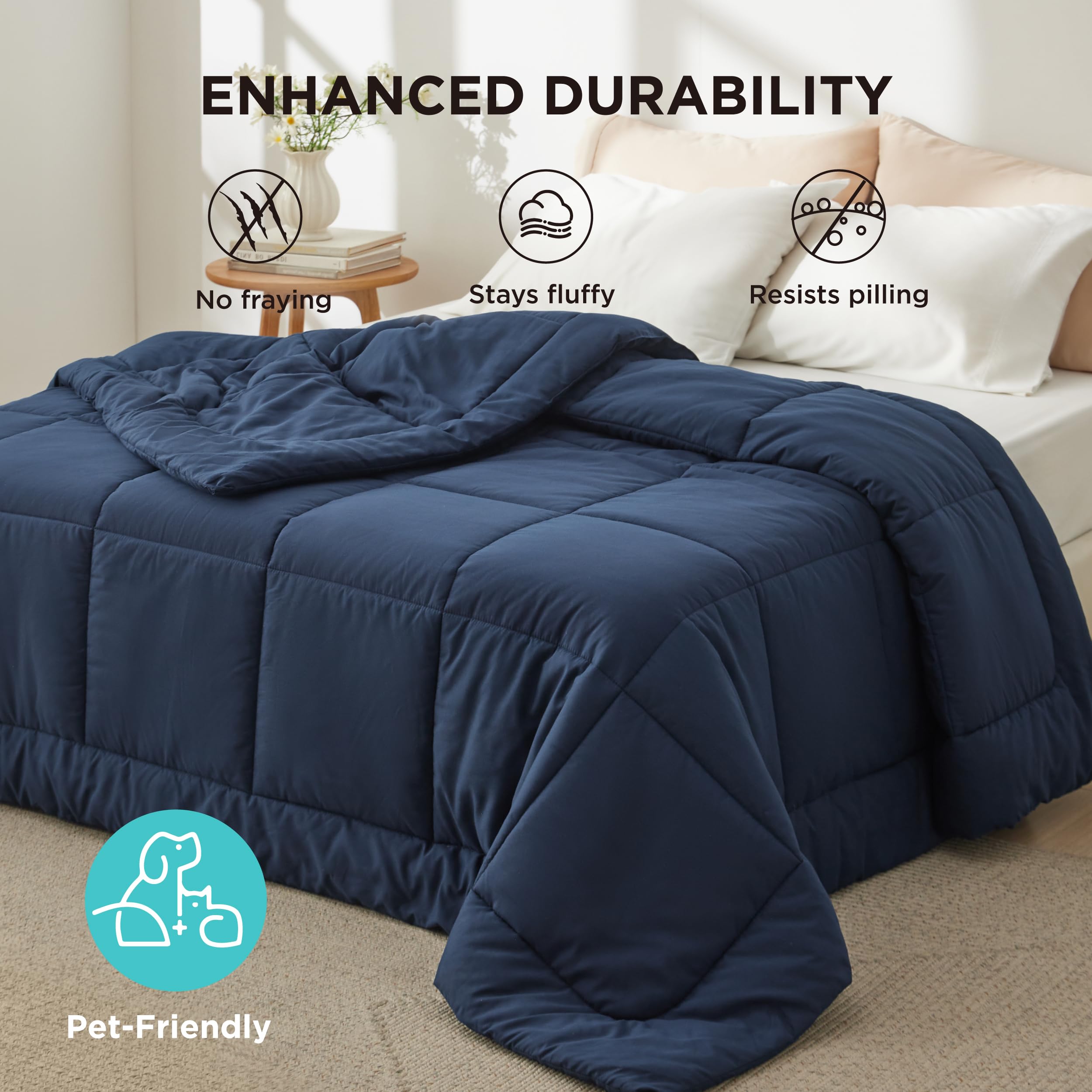 Bedsure comforter styled in navy bedroom setting showing modern dorm or guest room