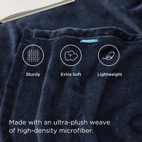 Bedsure navy blanket folded in gift-ready packaging for easy gifting