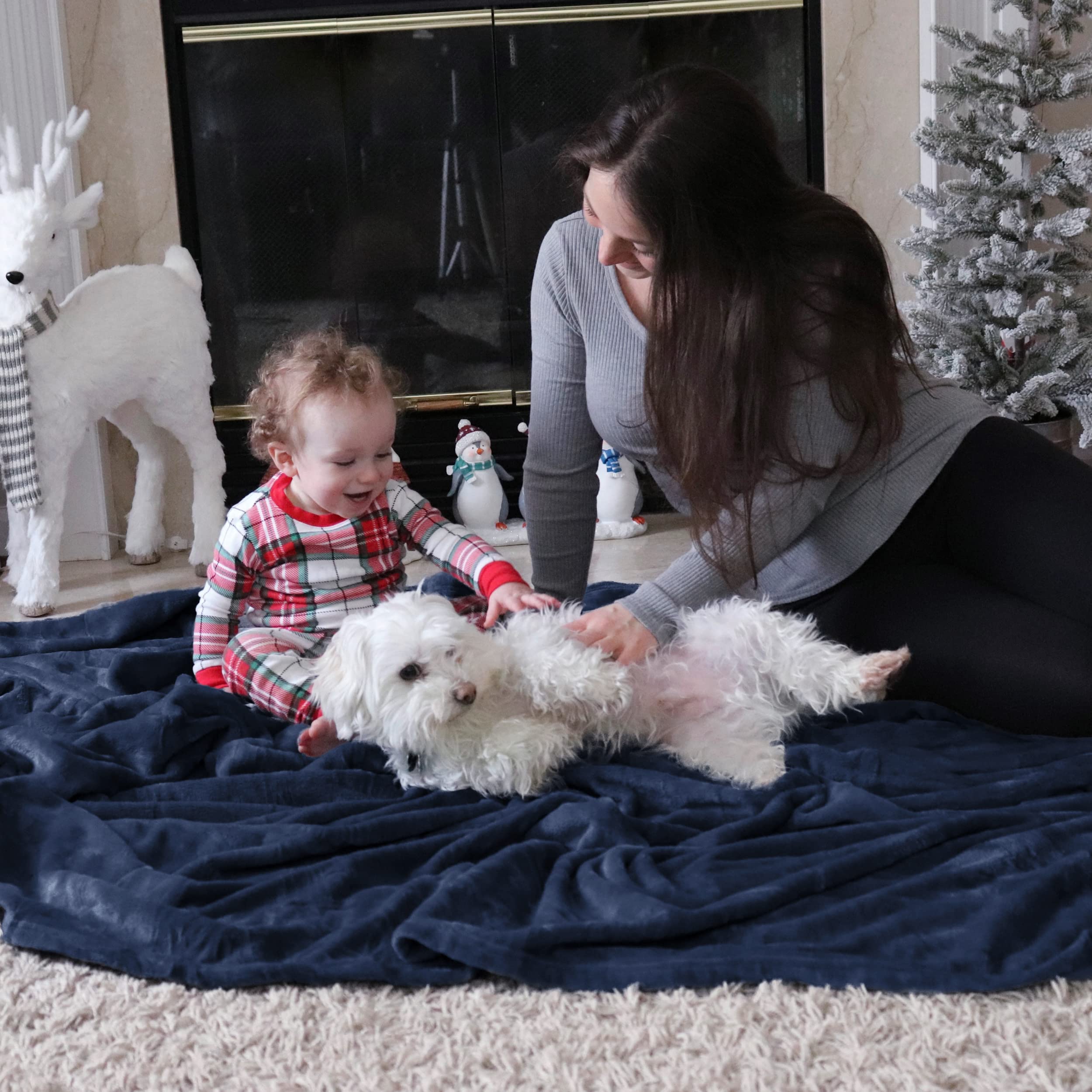 Bedsure navy blanket with pet relaxing showing durable pet-friendly comfort