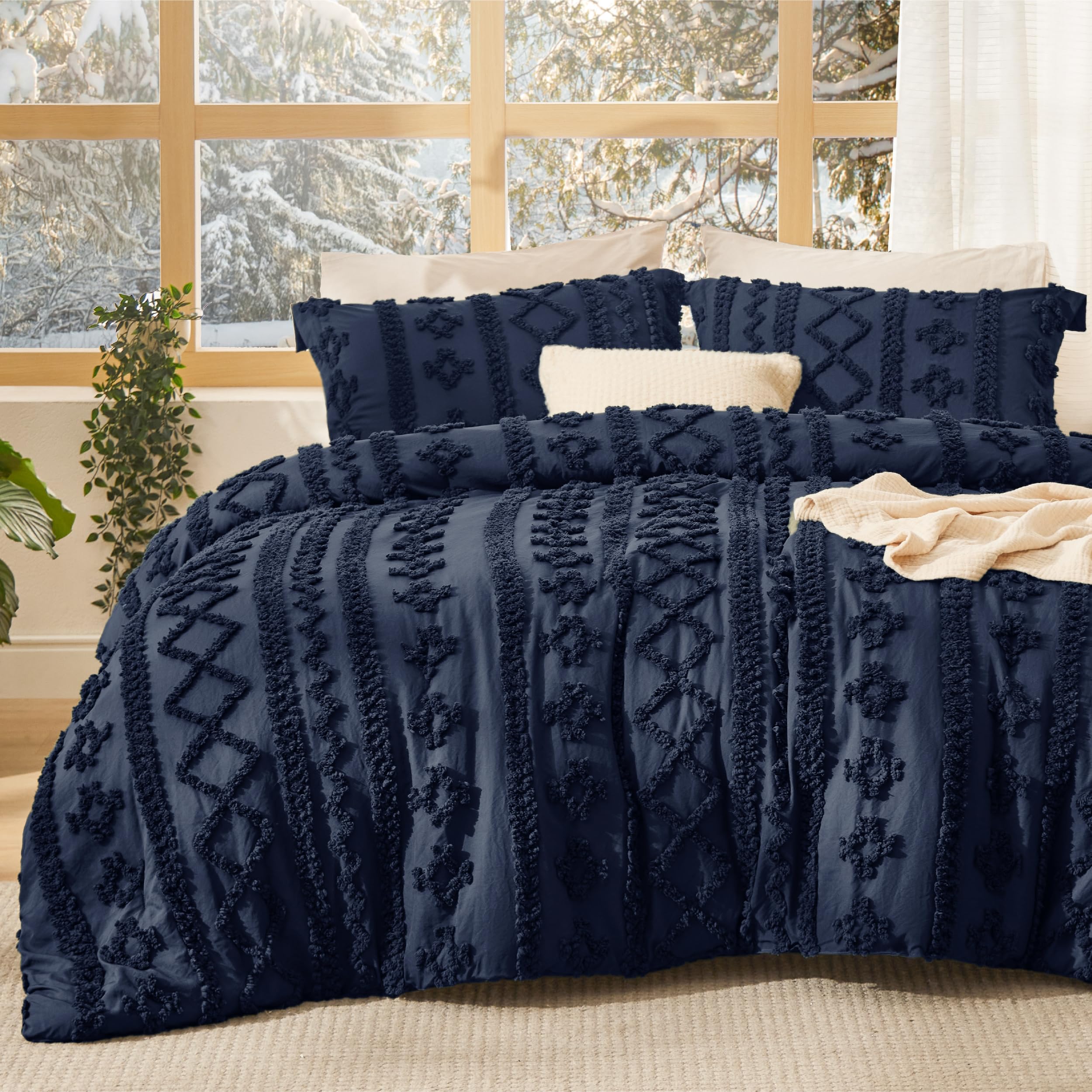 Bedsure navy front view showing complete boho comforter set and visual appeal