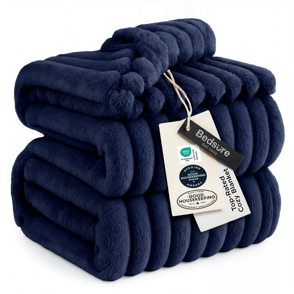Bedsure navy king blanket front view showing full coverage and cozy look
