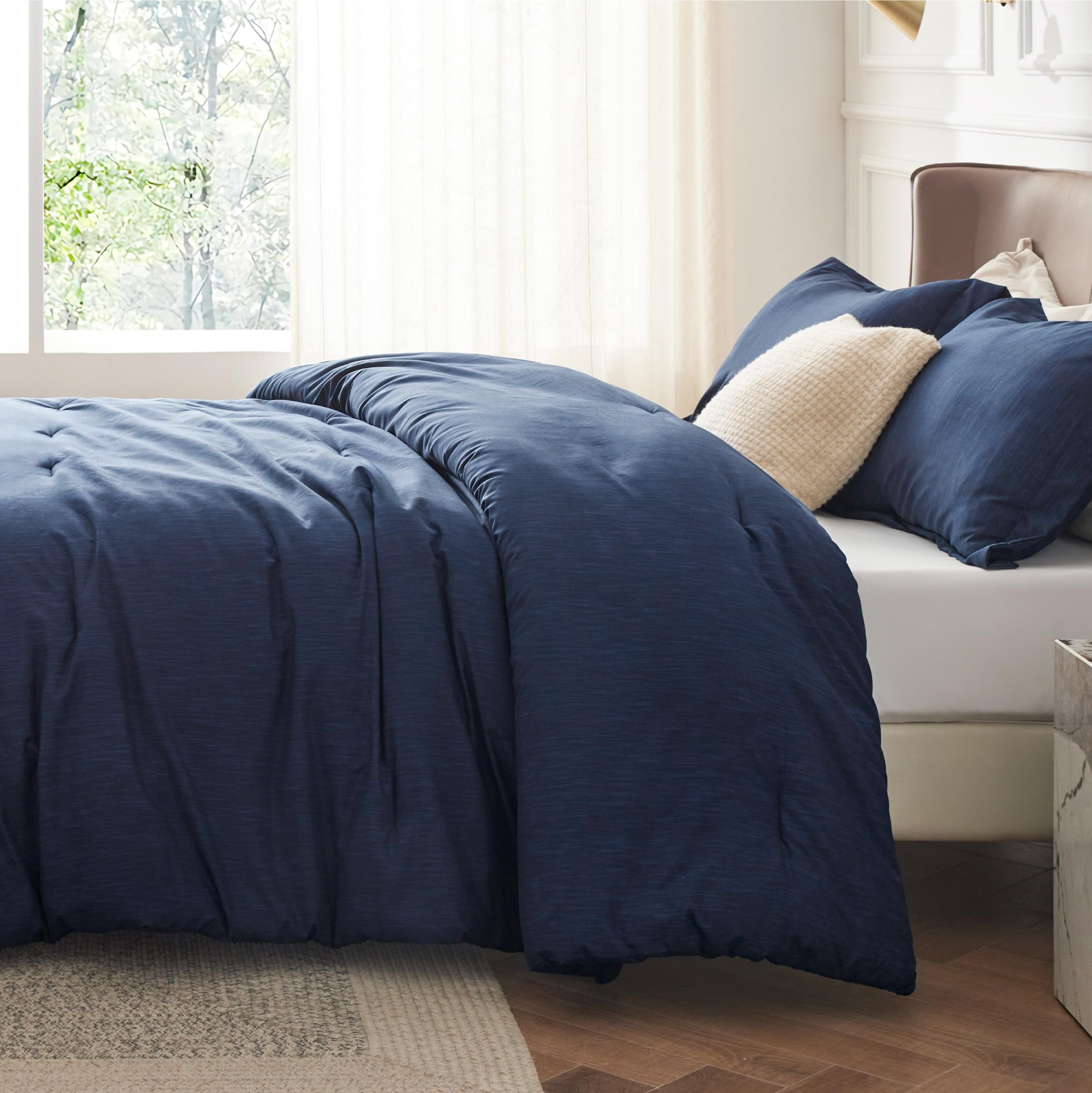 Bedsure navy fabric texture closeup highlighting soft brushed microfiber
