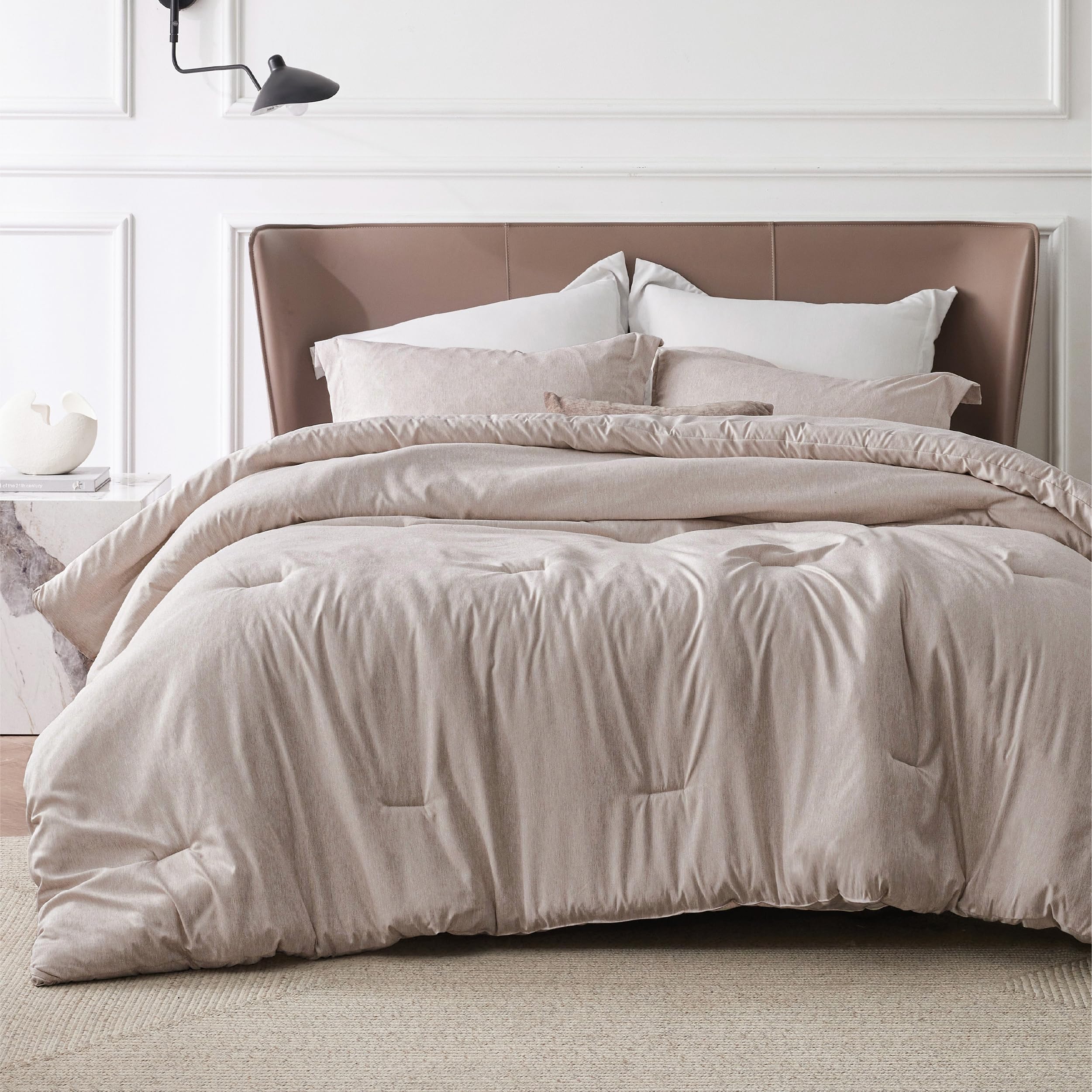 Bedsure comforter front view showing oat color and soft drape for cozy bedding