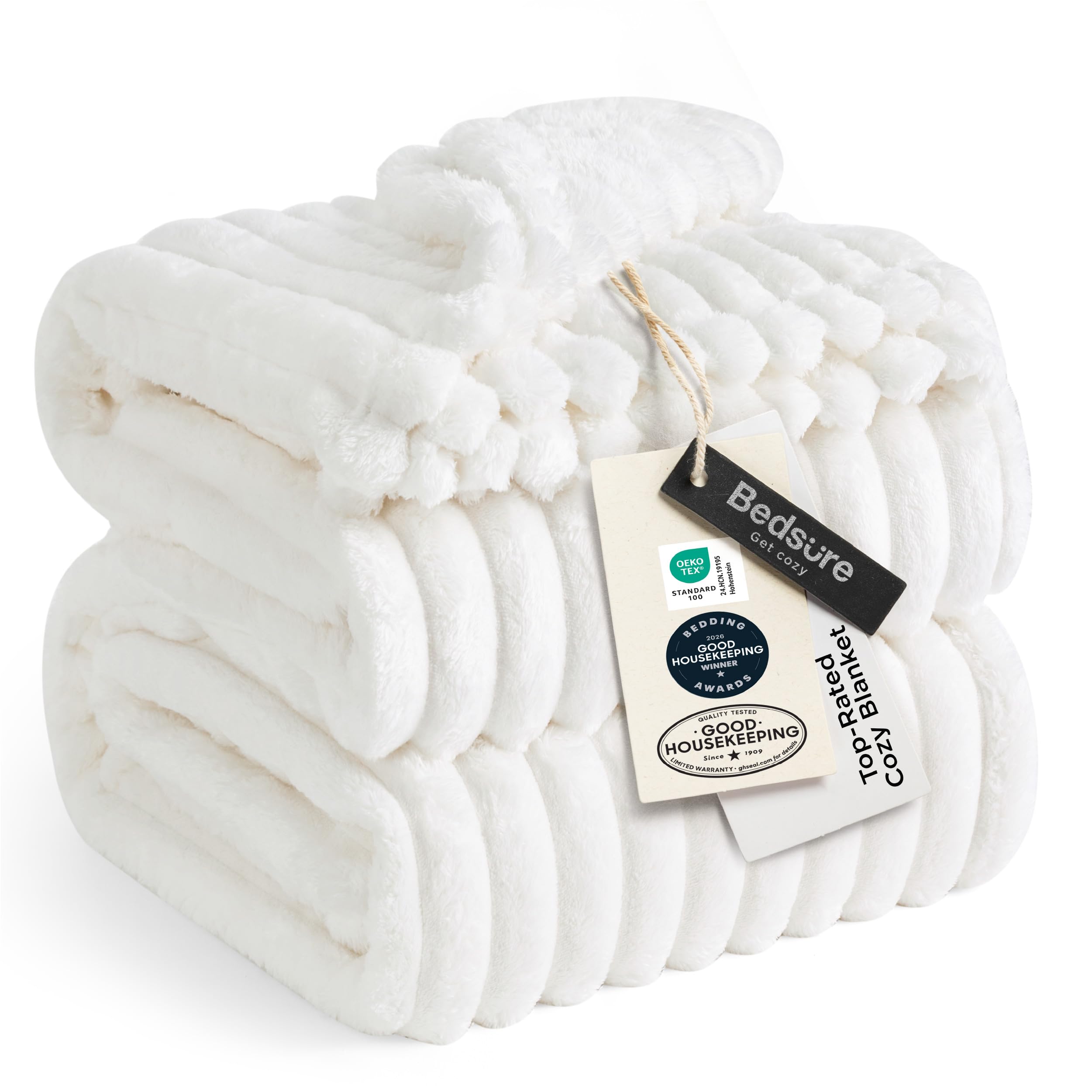 Bedsure off white blanket folded showing soft plush for cozy comfort