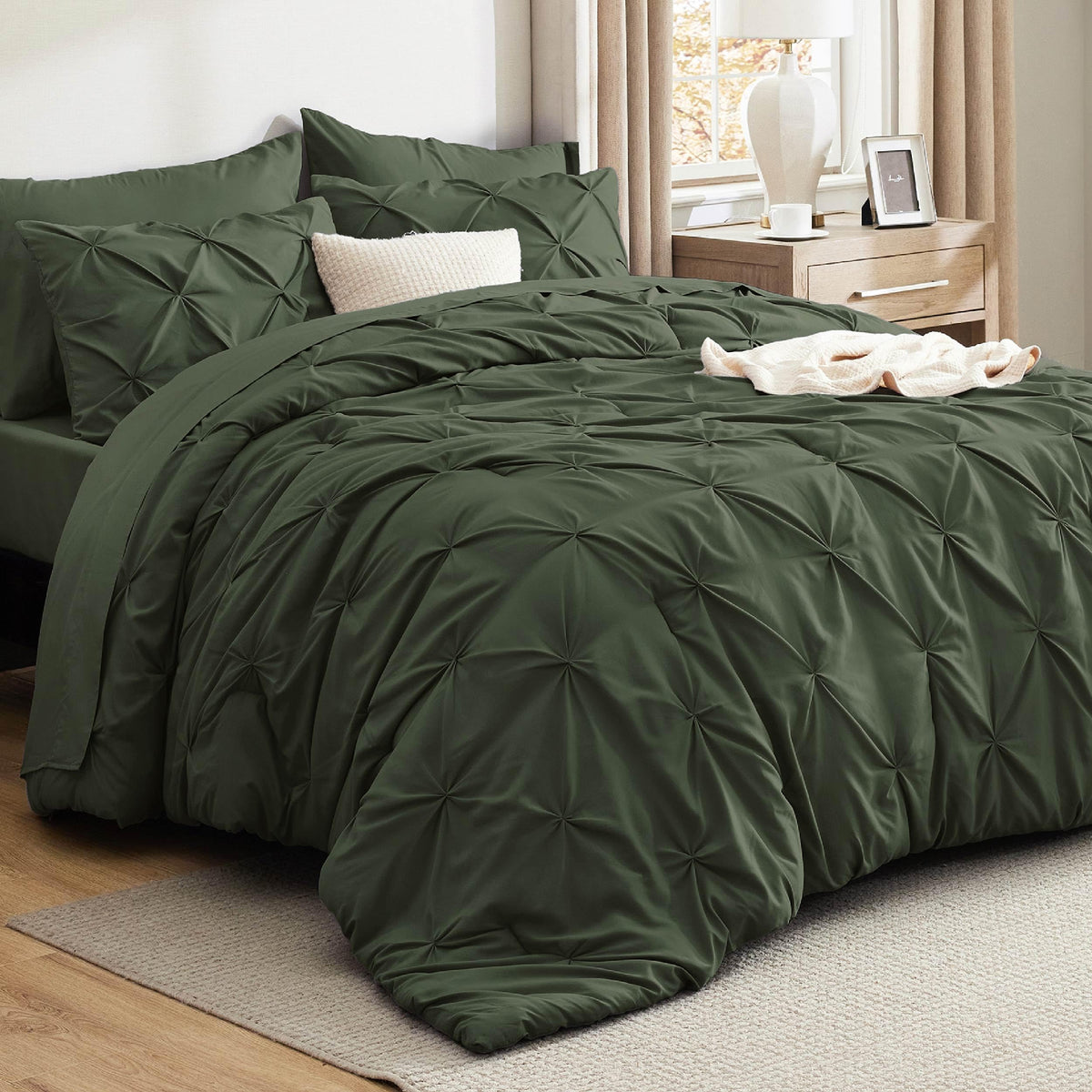 Bedsure olive green comforter front view showing plush finish and calming color benefit