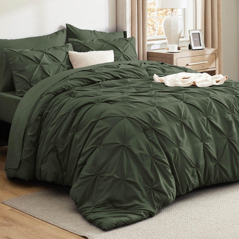 Bedsure olive green comforter front view showing plush finish and calming color benefit