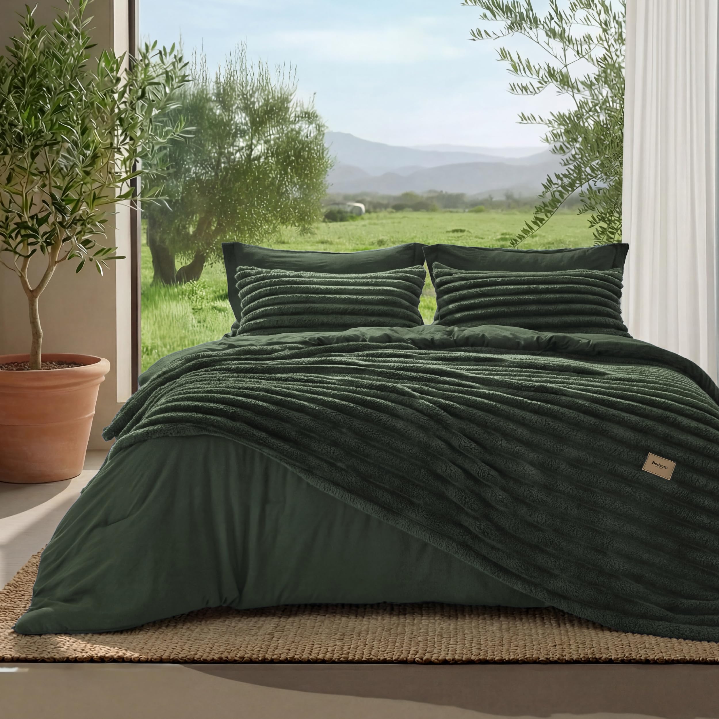 Bedsure olive green comforter front view showing cozy design