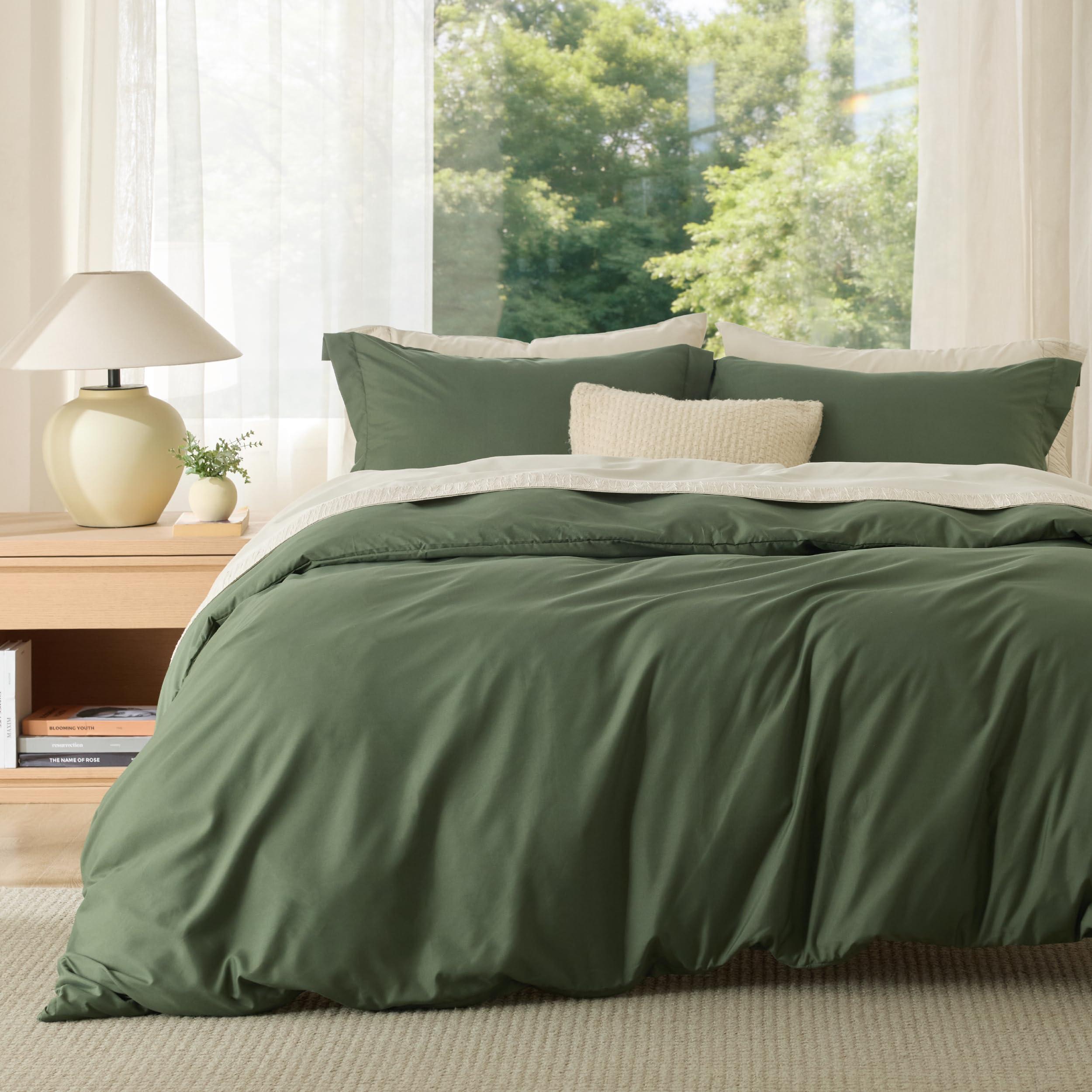 Bedsure front view of olive green duvet cover showing neat finish and cozy appeal