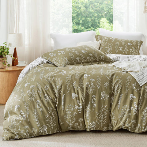 Bedsure front view showing olive green floral comforter on bed, stylish warmth