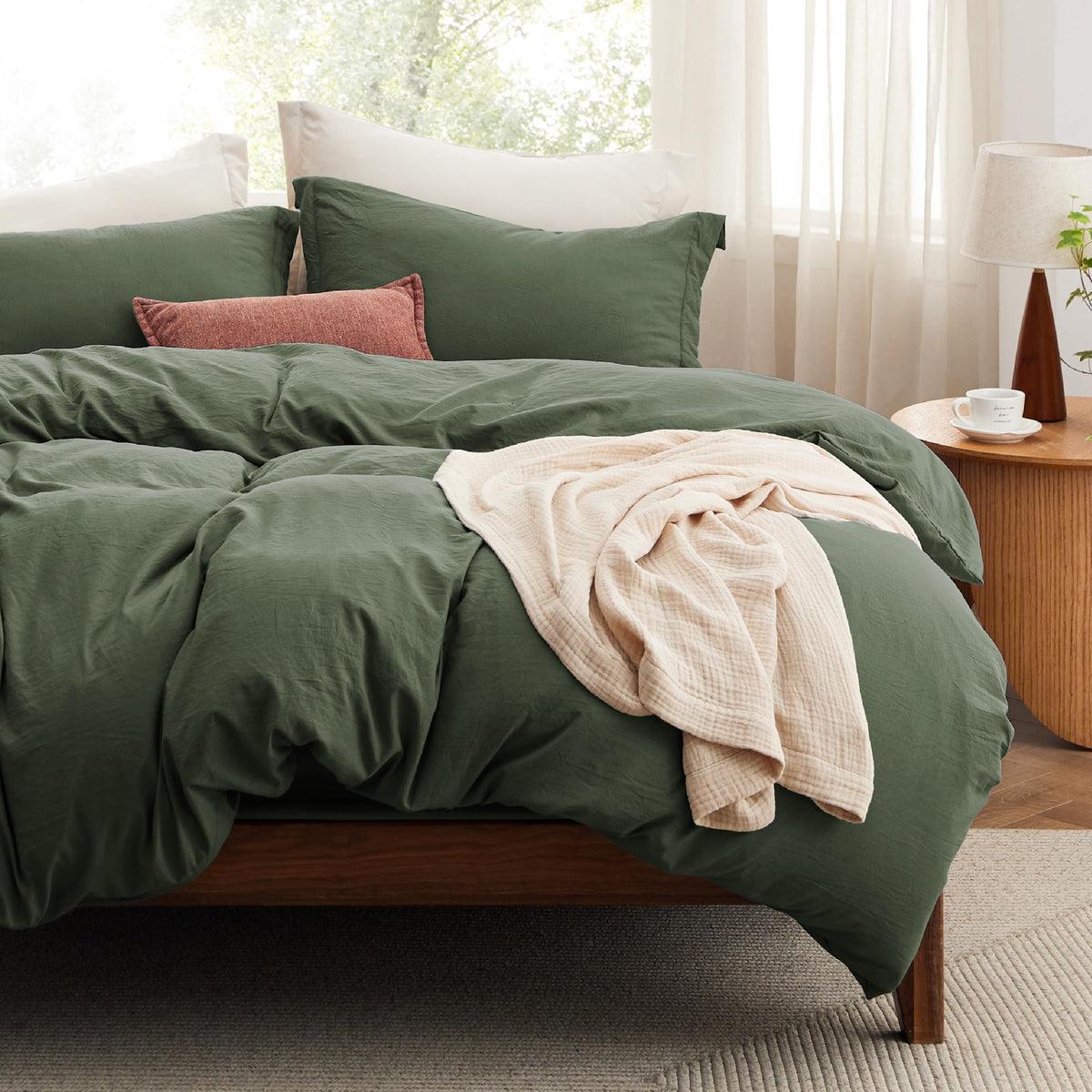 Bedsure olive green duvet cover front view showing neat fit and color benefit: cohesive bedroom look