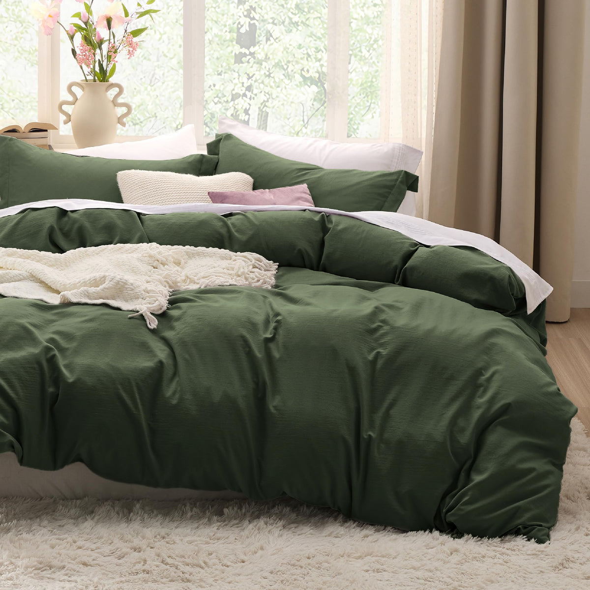 Bedsure front view of olive green duvet cover showing smooth cotton-like comfort