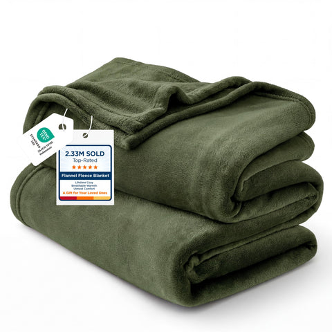 Bedsure front view of olive green blanket showing full coverage and cozy look