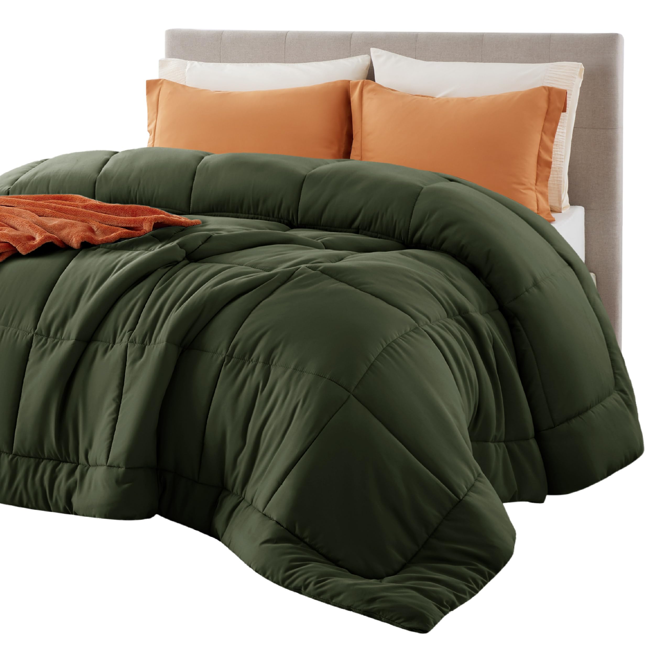 Bedsure front view showing olive green comforter and tidy bed setup benefit: instant room refresh