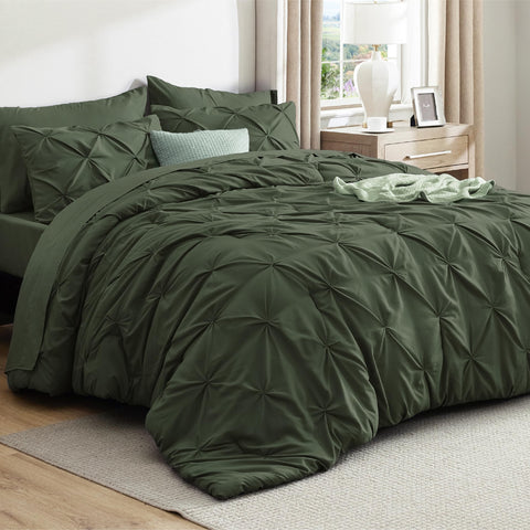 Bedsure front view of olive green comforter set showcasing complete bed styling and calm color