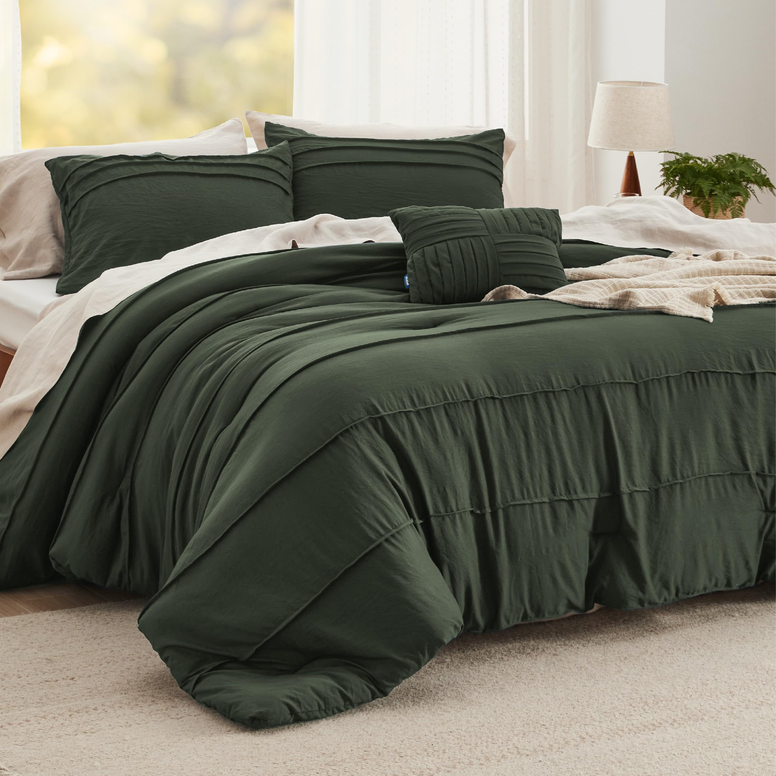 Bedsure front view of olive green comforter set showing elegant pinch pleat and cozy look