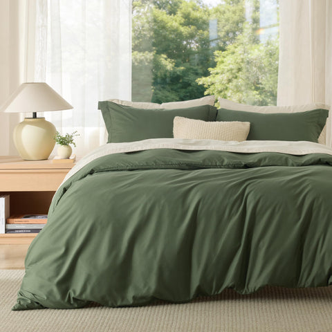 Bedsure front view of olive green duvet cover showing neat finish and cozy appeal