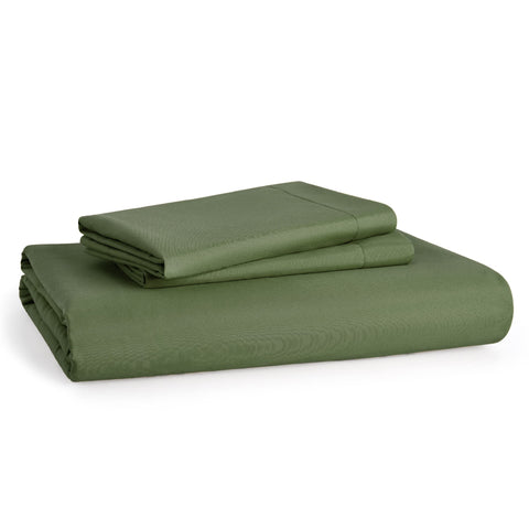 Bedsure styled nightstand scene with olive duvet showcasing inviting sleep space