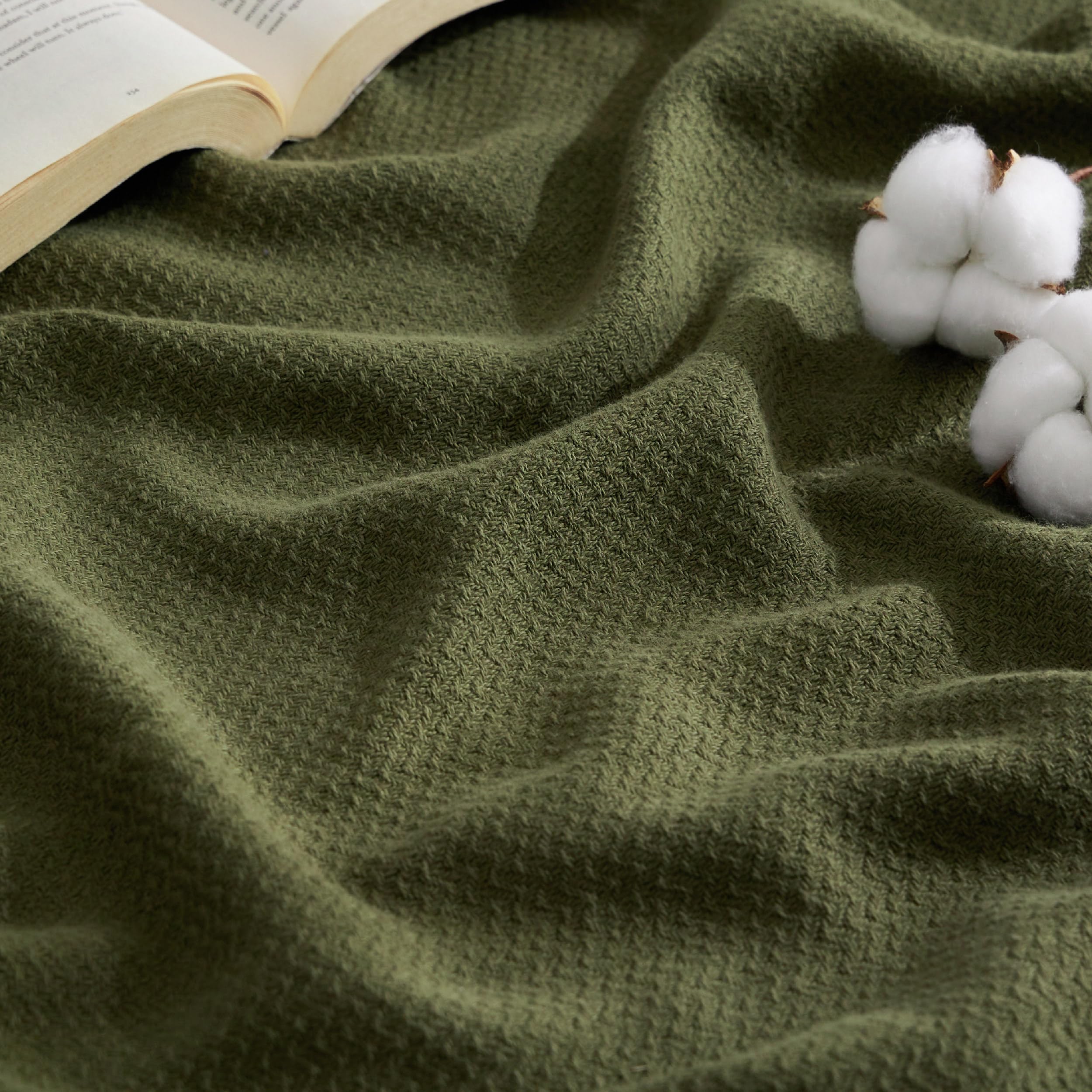 Bedsure blanket front folded showing olive color and neat fold, adds polished bedding look