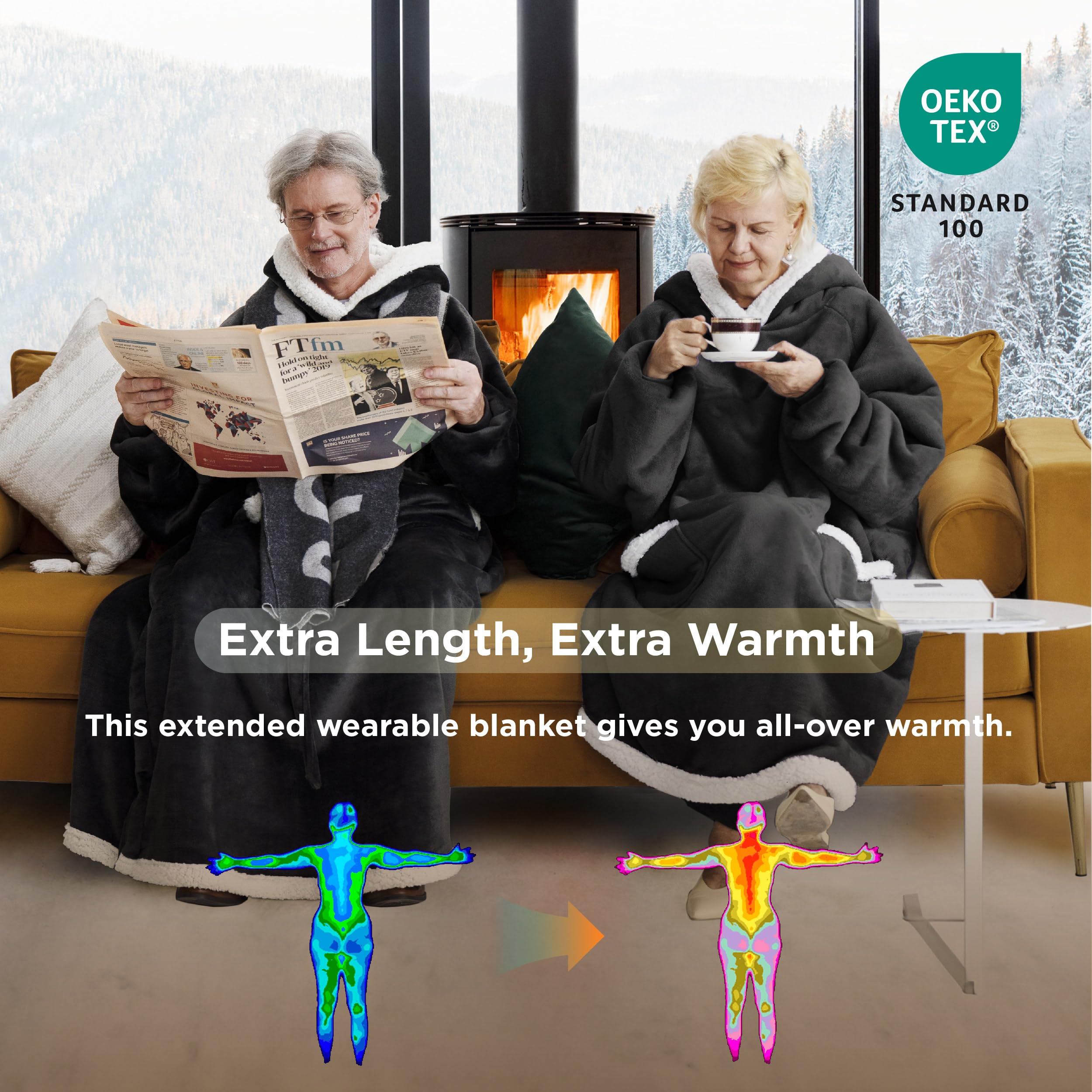 Bedsure model wearing hoodie in living room illustrating relaxed home comfort